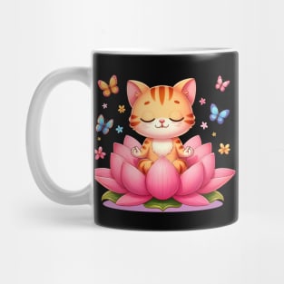 Zen Cat Meditating on Lotus Flower with Butterflies Mug